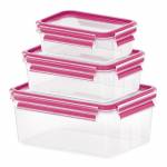 Emsa - CLIP & CLOSE Frischhaltedosen-Set, 3-teilig (transparent/himbeere, rechteckig, 3 Dosen + 3 Deckel)
